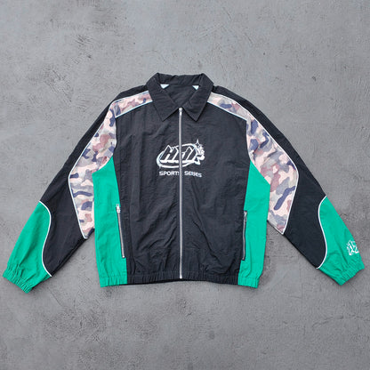 Color Block Track Suit Set - Black Green Camo Collared Windbreaker Jacket Shorts Y2K Streetwear