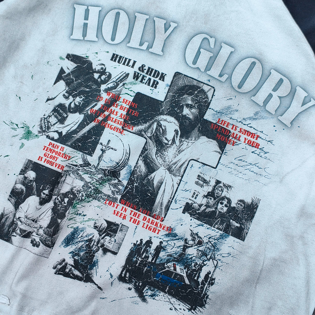 Long Sleeve Tee - White Black Color Block Fake Two Piece Holy Glory Religious Collage Print Distressed Y2K Streetwear
