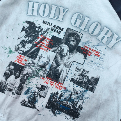 Long Sleeve Tee - White Black Color Block Fake Two Piece Holy Glory Religious Collage Print Distressed Y2K Streetwear