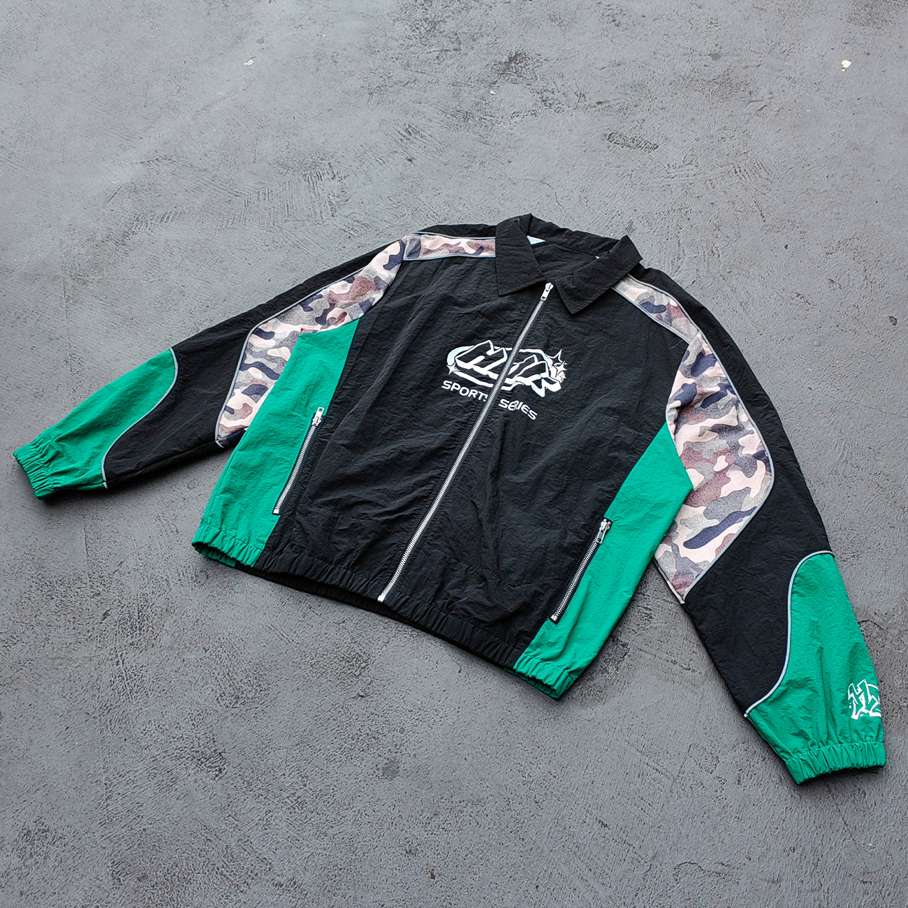 Color Block Track Suit Set - Black Green Camo Collared Windbreaker Jacket Shorts Y2K Streetwear