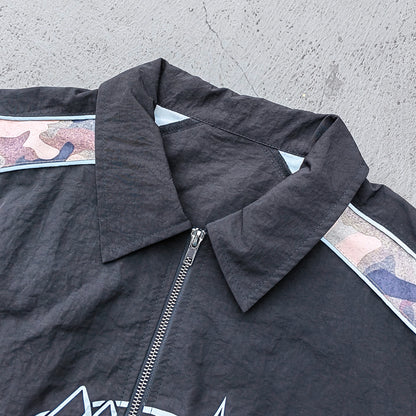 Color Block Track Suit Set - Black Green Camo Collared Windbreaker Jacket Shorts Y2K Streetwear