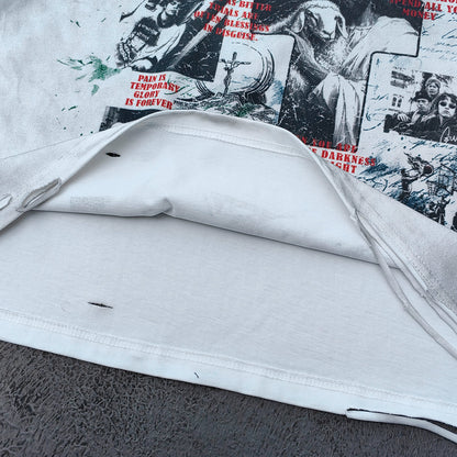 Long Sleeve Tee - White Black Color Block Fake Two Piece Holy Glory Religious Collage Print Distressed Y2K Streetwear