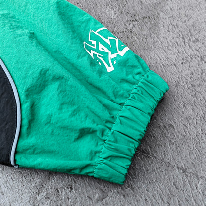 Color Block Track Suit Set - Black Green Camo Collared Windbreaker Jacket Shorts Y2K Streetwear