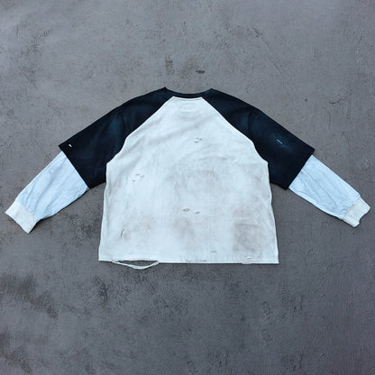 Long Sleeve Tee - White Black Color Block Fake Two Piece Holy Glory Religious Collage Print Distressed Y2K Streetwear