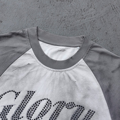 Glory Print Long Sleeve Tee - Gray White Raglan Rhinestone Dark Graphic Y2K Streetwear