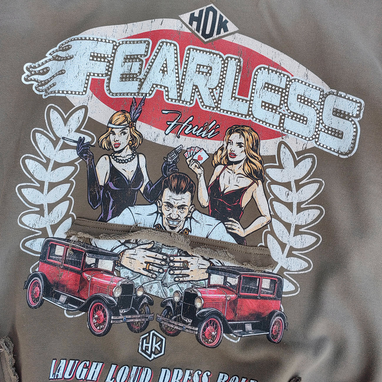 FEARLESS Graphic Hoodie - Vintage Comic Print Olive Wash Y2K Streetwear