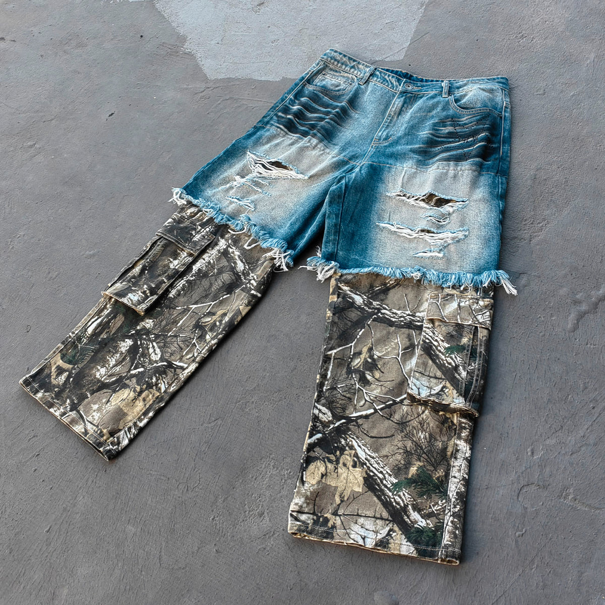 Camo Patchwork Cargo Jeans - Distressed Denim Ripped Y2K Streetwear