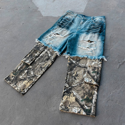 Camo Patchwork Cargo Jeans - Distressed Denim Ripped Y2K Streetwear