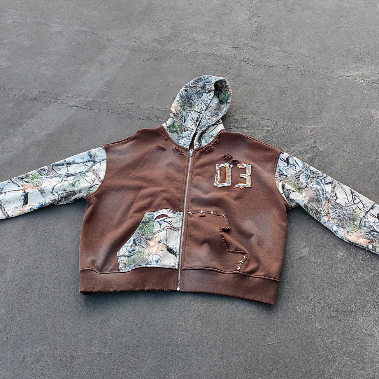 Camo Patchwork Zip Up Hoodie - Brown 03 Number Studded Distressed Y2K Streetwear