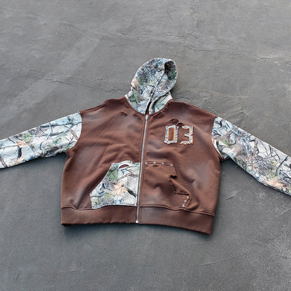 Camo Patchwork Zip Up Hoodie - Brown 03 Number Studded Distressed Y2K Streetwear