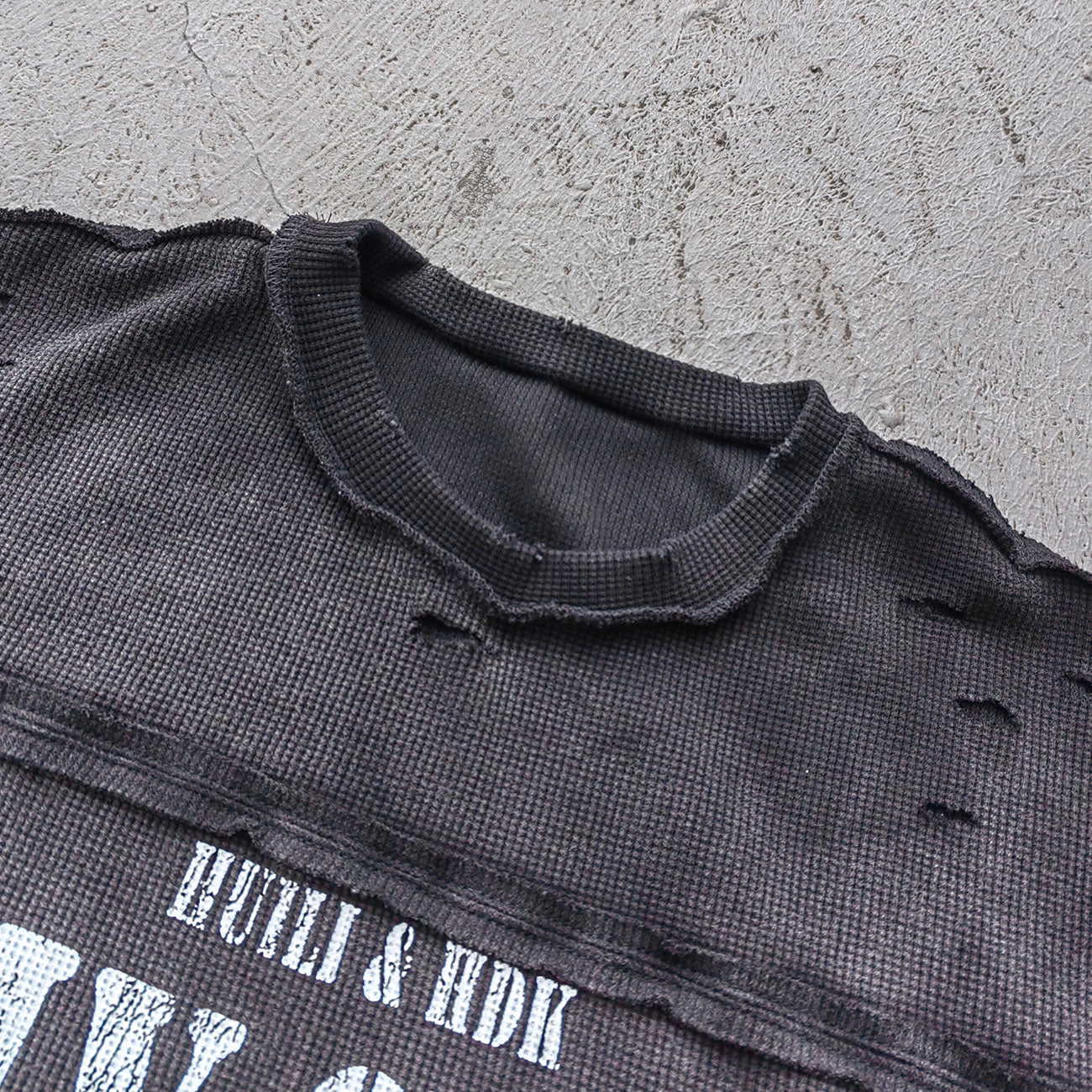 HOLY GLORY ENERGY Football Jersey Tee - Black White Waffle Knit Distressed Ripped Asymmetric Hem Y2K Streetwear