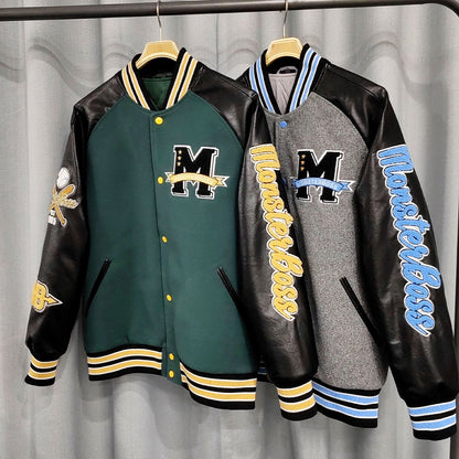 factory wholesale custom logo chenille embroidery letterman varsity jacket with leather sleeves