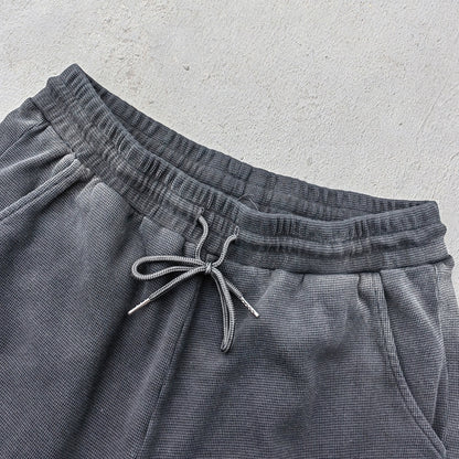 Waffle Knit Sweat Shorts - Black Acid Wash Vintage Distressed Y2K Streetwear