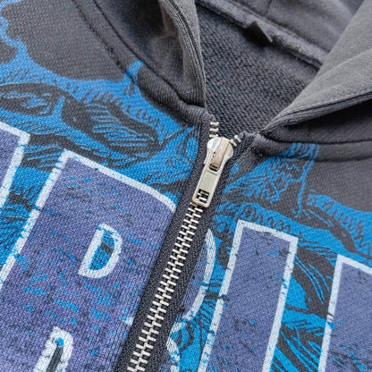 Distressed Zip Up Hoodie - FEARLESS Skull Print Vintage Streetwear