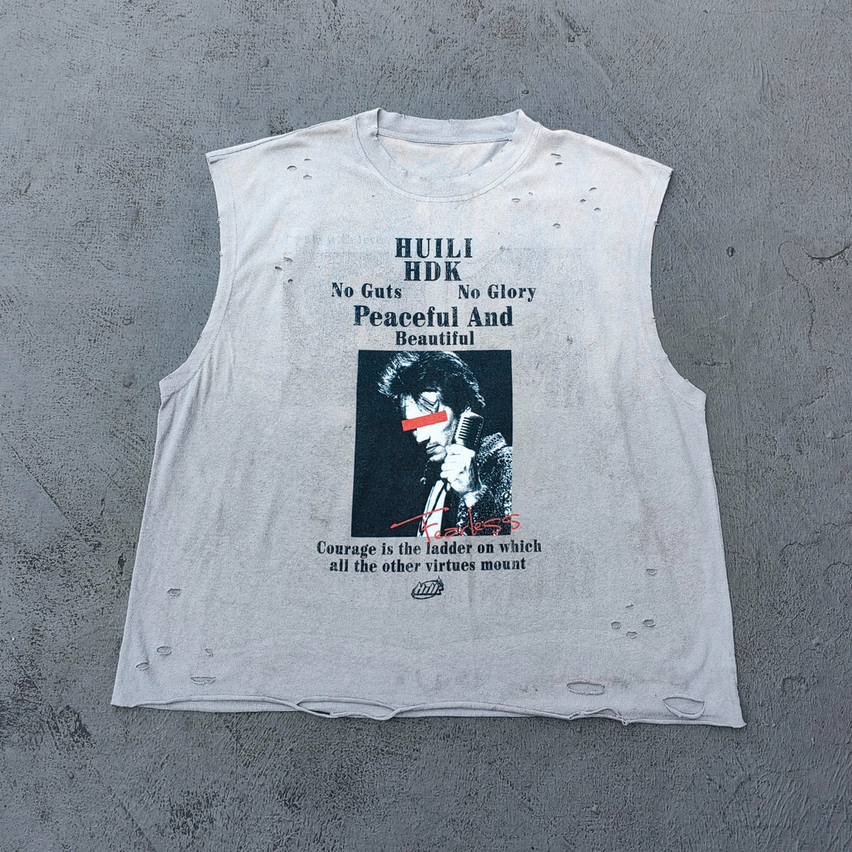 Sleeveless Tee - Light Gray Acid Wash HUILI HDK No Guts No Glory Rock Print Distressed Cut Off Y2K Streetwear
