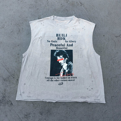 Sleeveless Tee - Light Gray Acid Wash HUILI HDK No Guts No Glory Rock Print Distressed Cut Off Y2K Streetwear