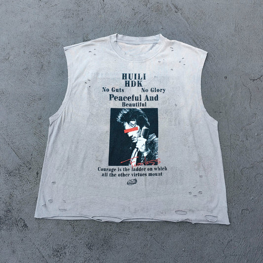 Sleeveless Tee - Light Gray Acid Wash HUILI HDK No Guts No Glory Rock Print Distressed Cut Off Y2K Streetwear