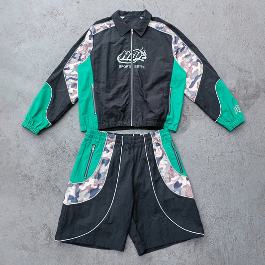 Color Block Track Suit Set - Black Green Camo Collared Windbreaker Jacket Shorts Y2K Streetwear