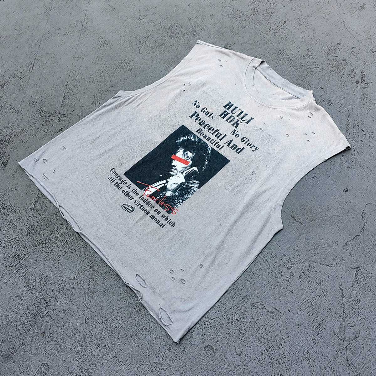 Sleeveless Tee - Light Gray Acid Wash HUILI HDK No Guts No Glory Rock Print Distressed Cut Off Y2K Streetwear