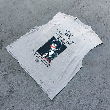 Sleeveless Tee - Light Gray Acid Wash HUILI HDK No Guts No Glory Rock Print Distressed Cut Off Y2K Streetwear