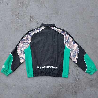 Color Block Track Suit Set - Black Green Camo Collared Windbreaker Jacket Shorts Y2K Streetwear