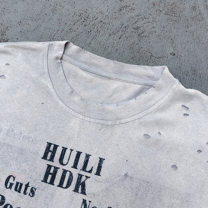 Sleeveless Tee - Light Gray Acid Wash HUILI HDK No Guts No Glory Rock Print Distressed Cut Off Y2K Streetwear