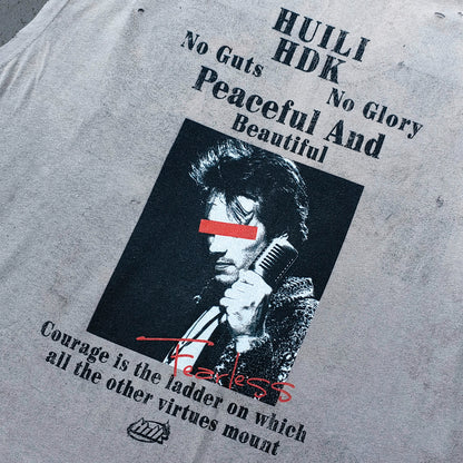 Sleeveless Tee - Light Gray Acid Wash HUILI HDK No Guts No Glory Rock Print Distressed Cut Off Y2K Streetwear