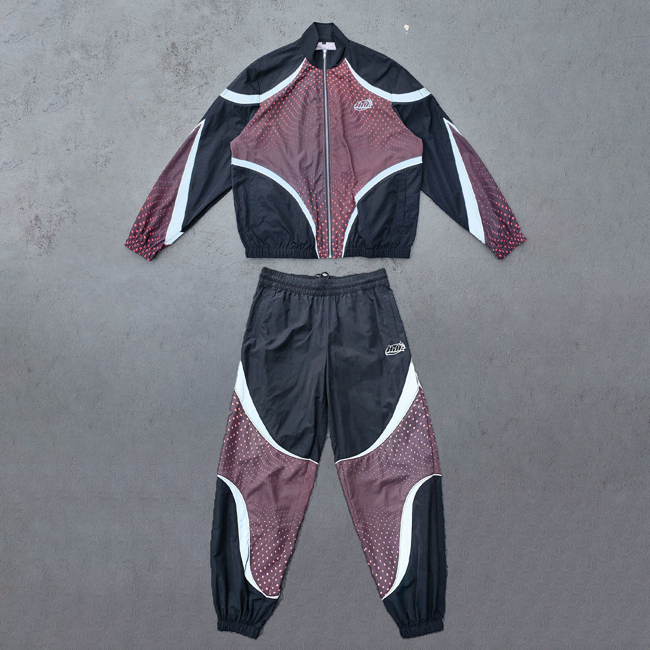 Color Block Track Suit Set - Black Brown Dot Print Stand Collar Windbreaker Jacket Joggers Y2K Streetwear