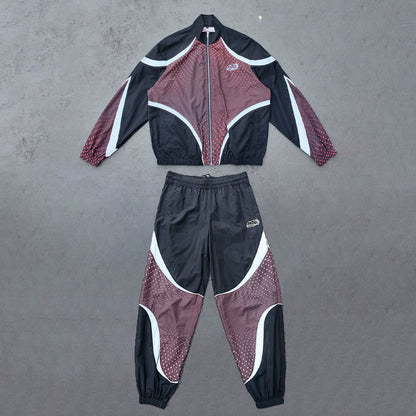Color Block Track Suit Set - Black Brown Dot Print Stand Collar Windbreaker Jacket Joggers Y2K Streetwear