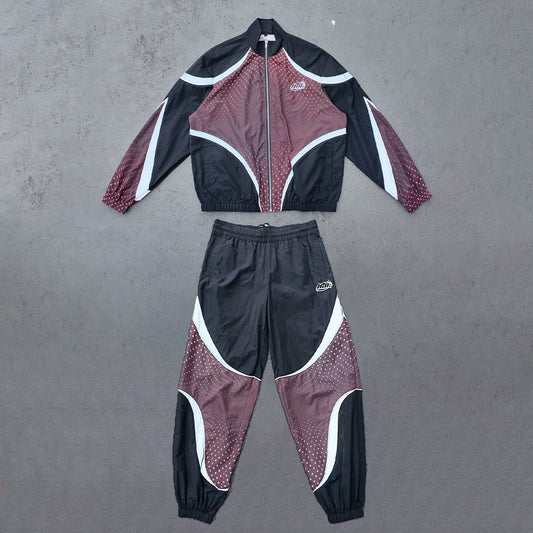 Color Block Track Suit Set - Black Brown Dot Print Stand Collar Windbreaker Jacket Joggers Y2K Streetwear