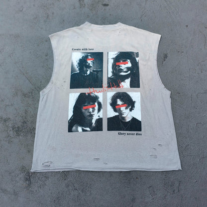 Sleeveless Tee - Light Gray Acid Wash HUILI HDK No Guts No Glory Rock Print Distressed Cut Off Y2K Streetwear