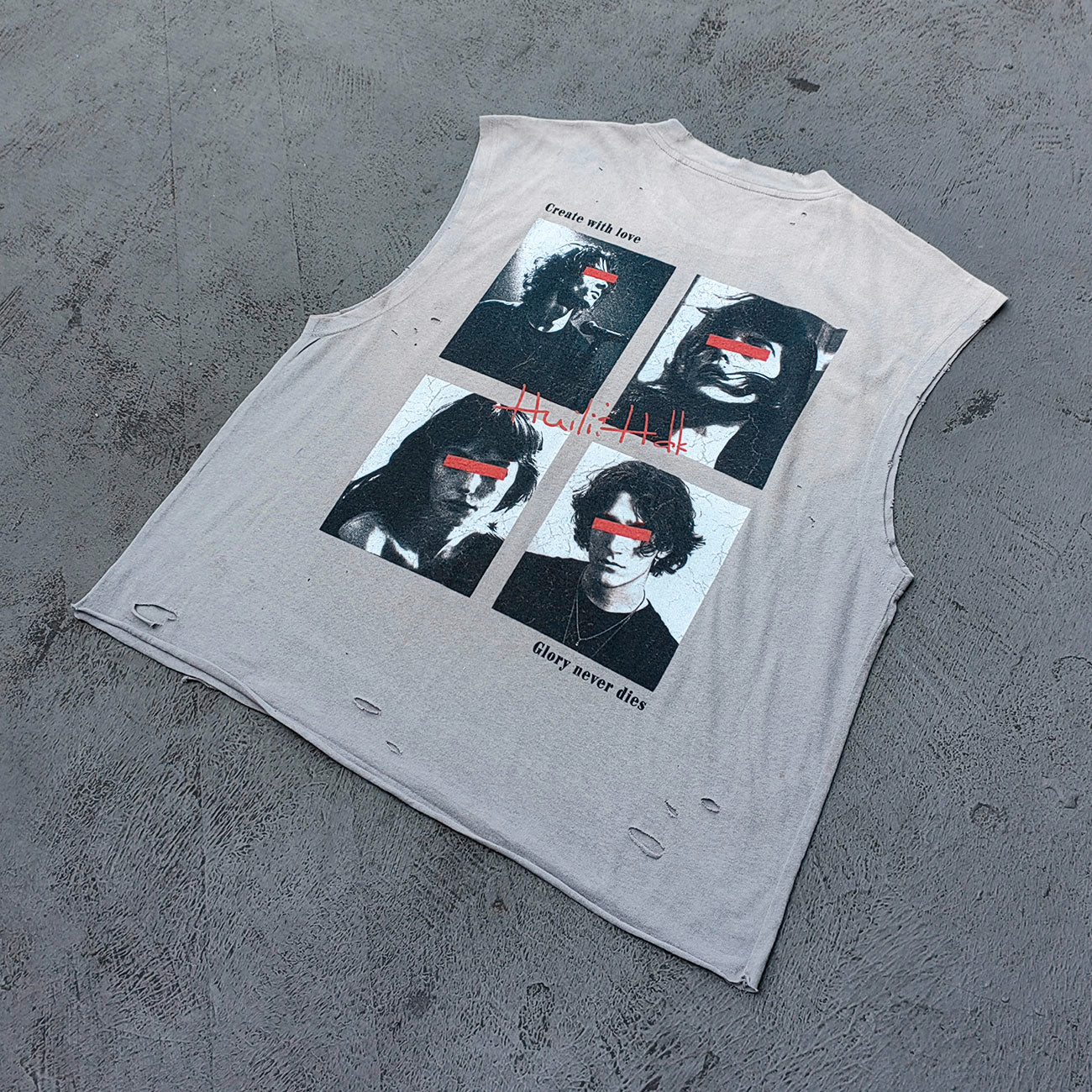 Sleeveless Tee - Light Gray Acid Wash HUILI HDK No Guts No Glory Rock Print Distressed Cut Off Y2K Streetwear