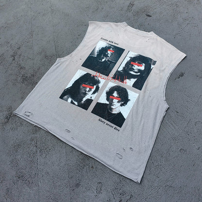 Sleeveless Tee - Light Gray Acid Wash HUILI HDK No Guts No Glory Rock Print Distressed Cut Off Y2K Streetwear