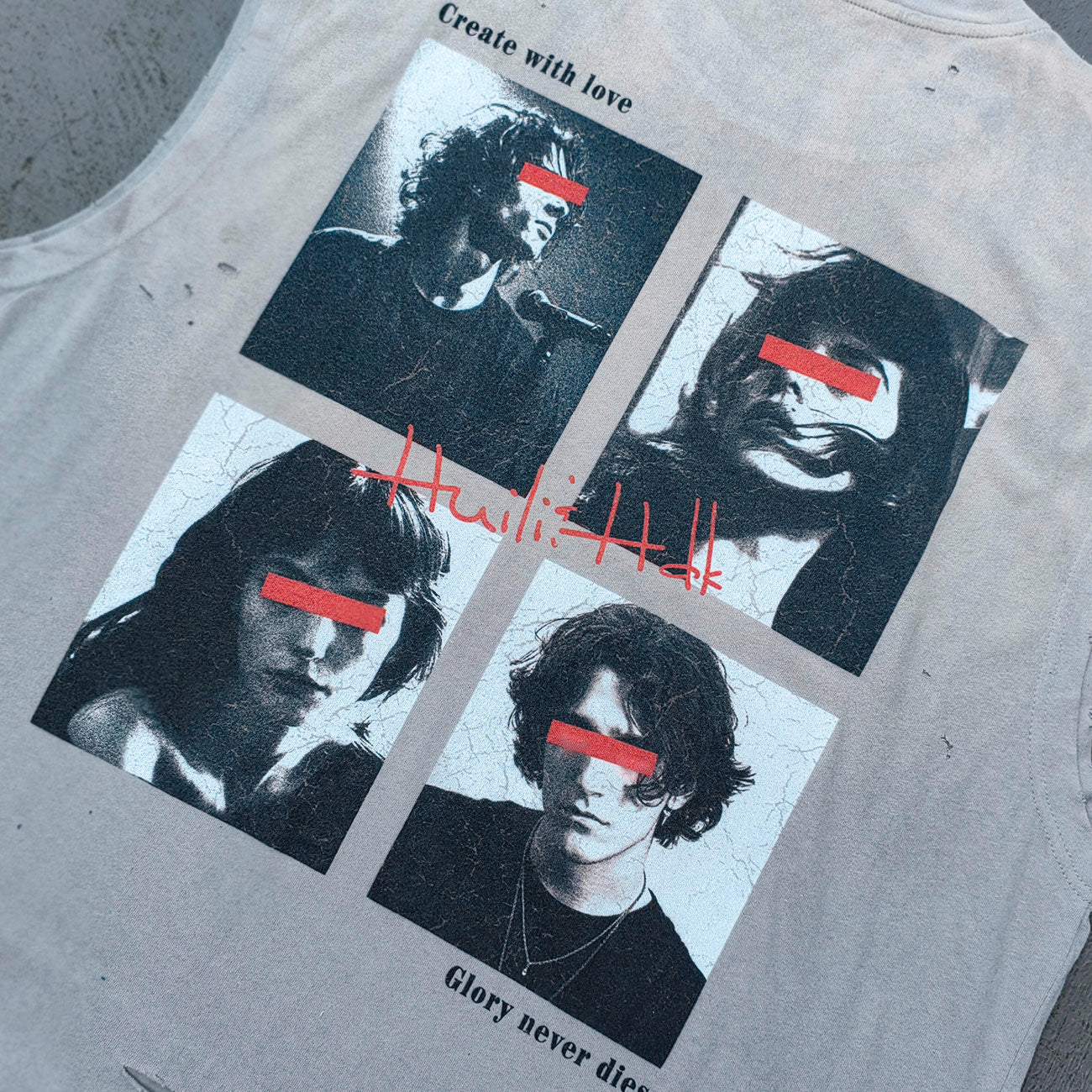 Sleeveless Tee - Light Gray Acid Wash HUILI HDK No Guts No Glory Rock Print Distressed Cut Off Y2K Streetwear