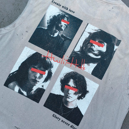 Sleeveless Tee - Light Gray Acid Wash HUILI HDK No Guts No Glory Rock Print Distressed Cut Off Y2K Streetwear