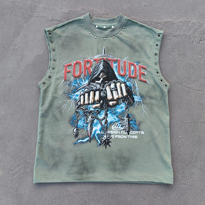 Studded Sleeveless Graphic Tee - Skull Rebel Print Y2K Rock Streetwear