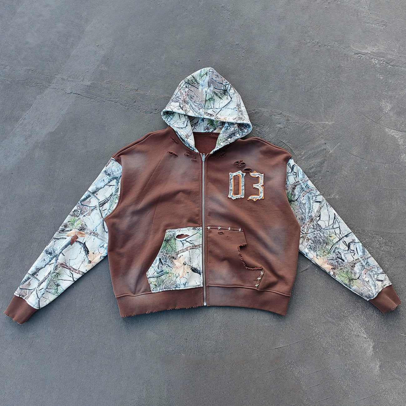 Camo Patchwork Zip Up Hoodie - Brown 03 Number Studded Distressed Y2K Streetwear