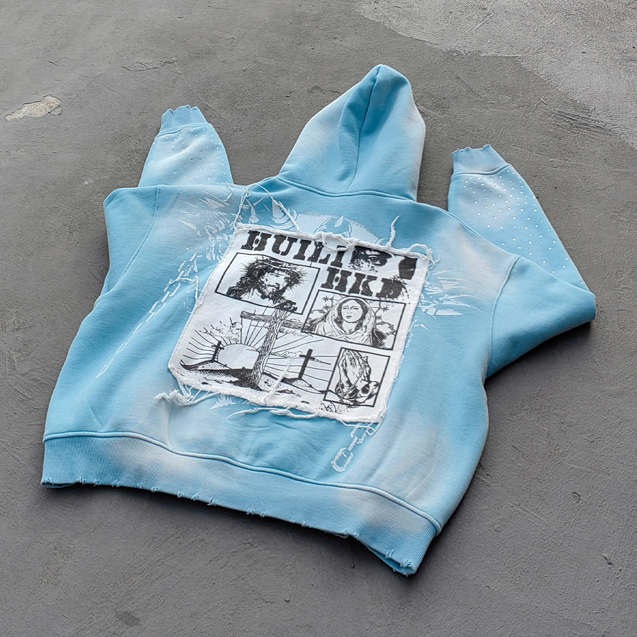 Light Blue Rhinestone Chain Tracksuit - Y2K Gradient Wash Matching Set