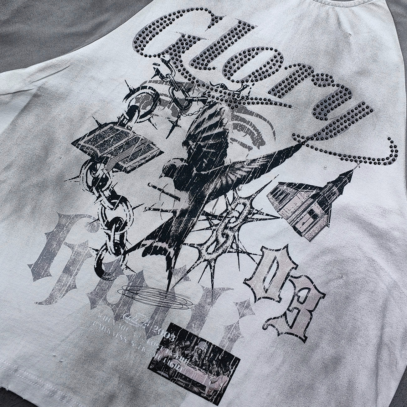 Glory Print Long Sleeve Tee - Gray White Raglan Rhinestone Dark Graphic Y2K Streetwear