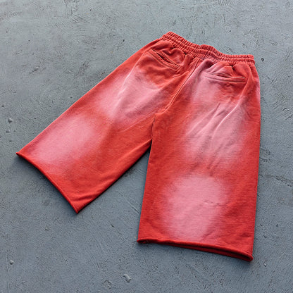 Acid Wash Sweat Shorts - Brick Red Rust Gradient Frayed Hem Raw Edge Y2K Streetwear