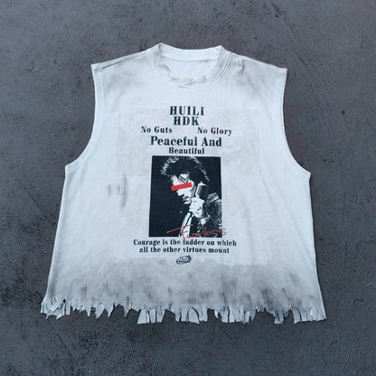 Sleeveless Tee - White Waffle Knit HUILI HDK No Guts No Glory Rock Print Fringe Hem Distressed Y2K Streetwear