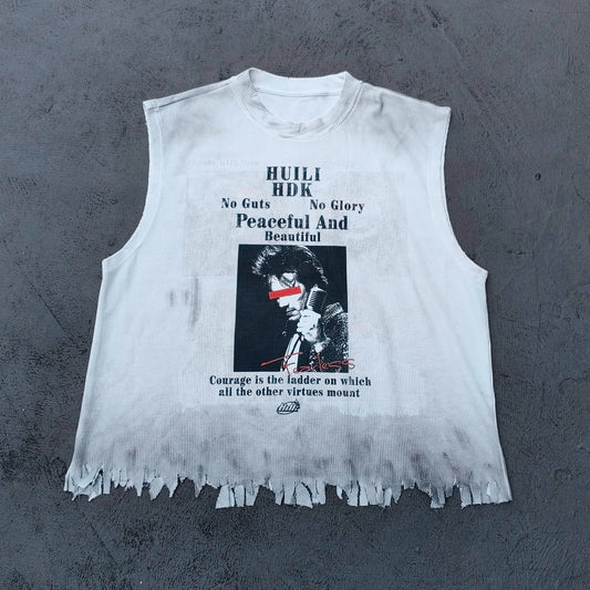 Sleeveless Tee - White Waffle Knit HUILI HDK No Guts No Glory Rock Print Fringe Hem Distressed Y2K Streetwear