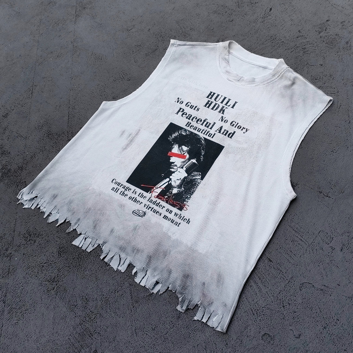 Sleeveless Tee - White Waffle Knit HUILI HDK No Guts No Glory Rock Print Fringe Hem Distressed Y2K Streetwear