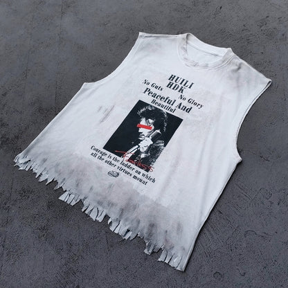 Sleeveless Tee - White Waffle Knit HUILI HDK No Guts No Glory Rock Print Fringe Hem Distressed Y2K Streetwear