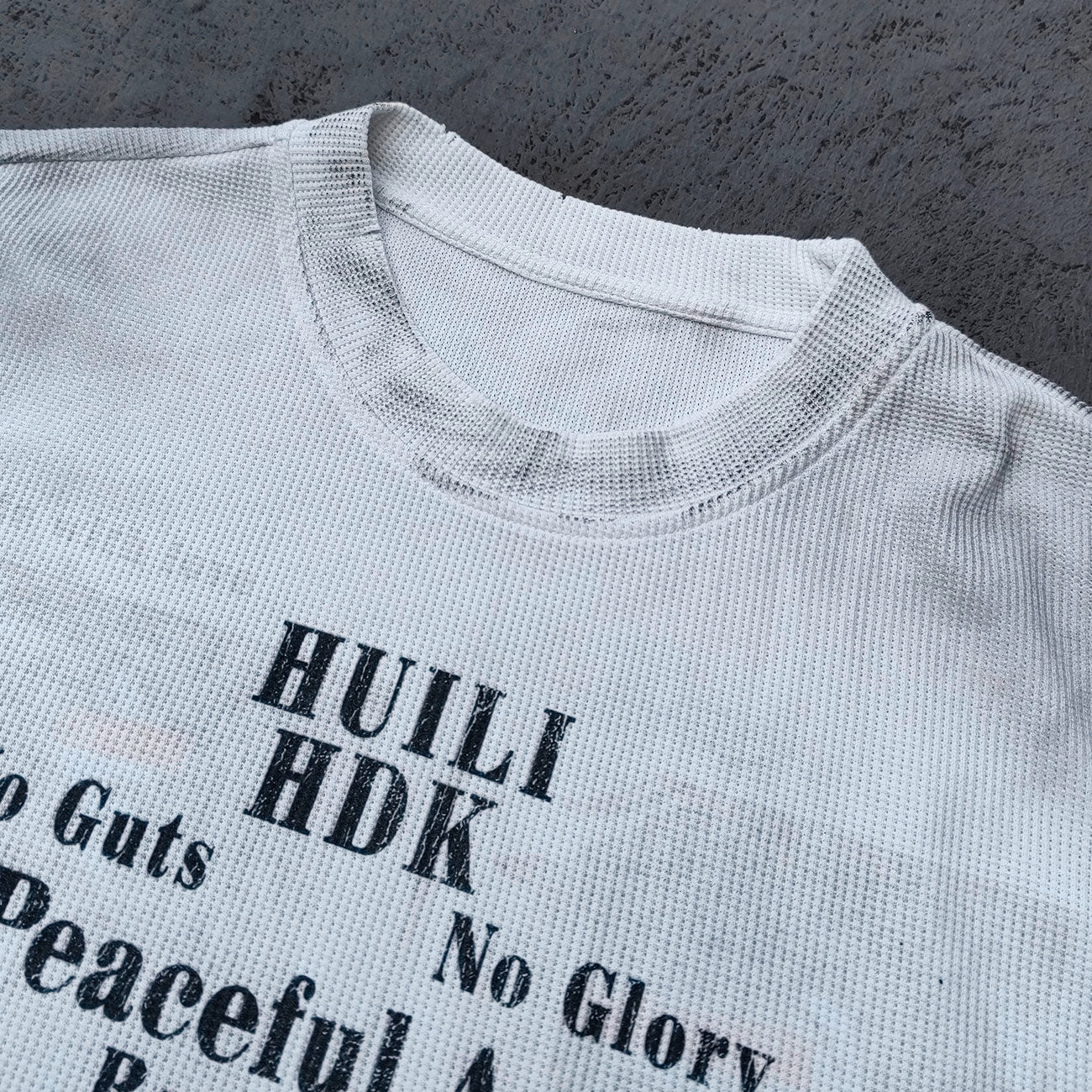 Sleeveless Tee - White Waffle Knit HUILI HDK No Guts No Glory Rock Print Fringe Hem Distressed Y2K Streetwear