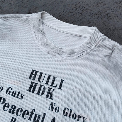 Sleeveless Tee - White Waffle Knit HUILI HDK No Guts No Glory Rock Print Fringe Hem Distressed Y2K Streetwear