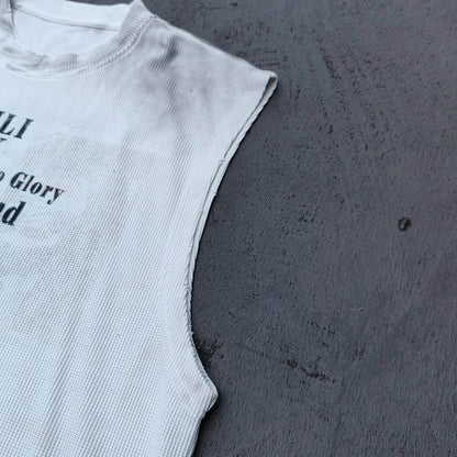 Sleeveless Tee - White Waffle Knit HUILI HDK No Guts No Glory Rock Print Fringe Hem Distressed Y2K Streetwear