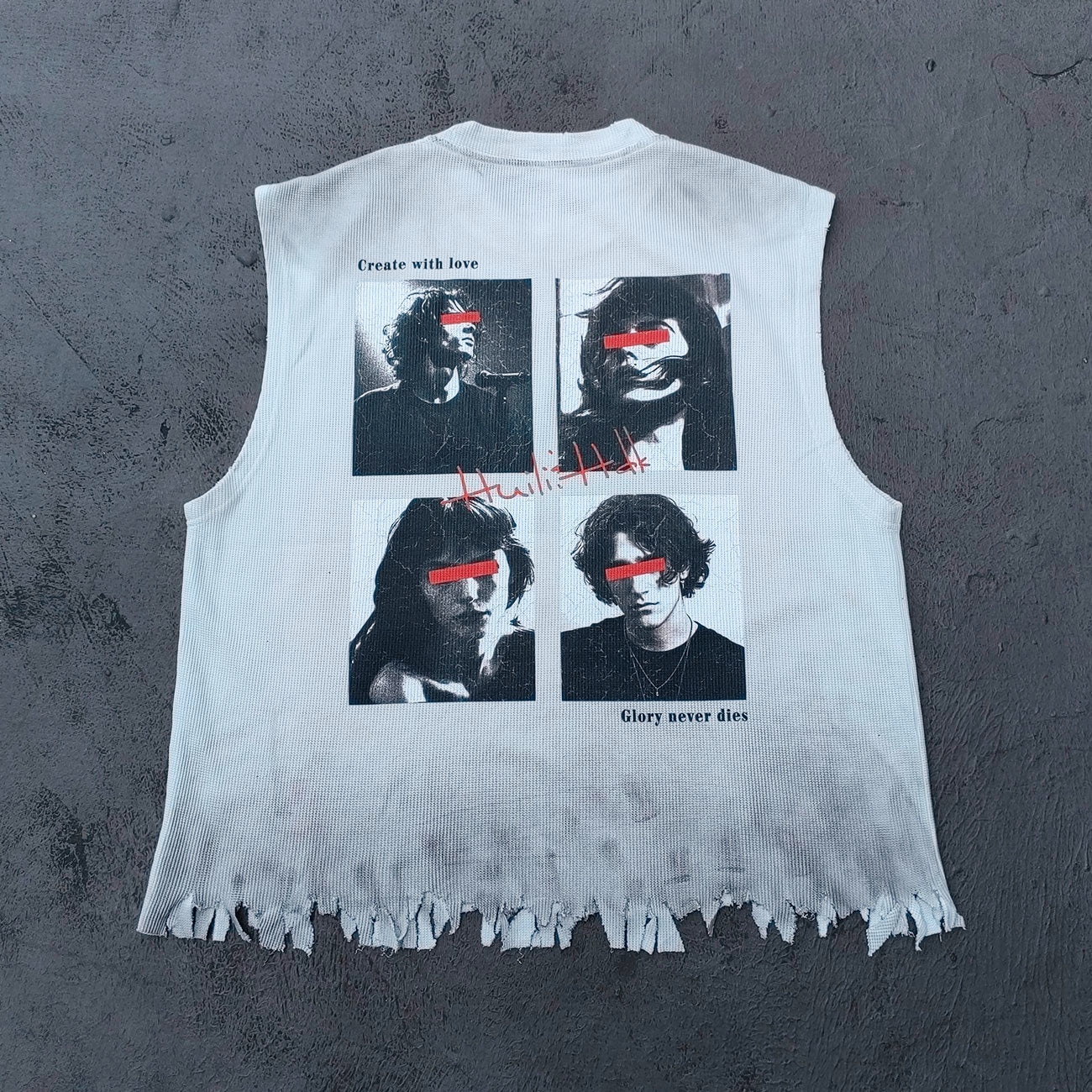 Sleeveless Tee - White Waffle Knit HUILI HDK No Guts No Glory Rock Print Fringe Hem Distressed Y2K Streetwear