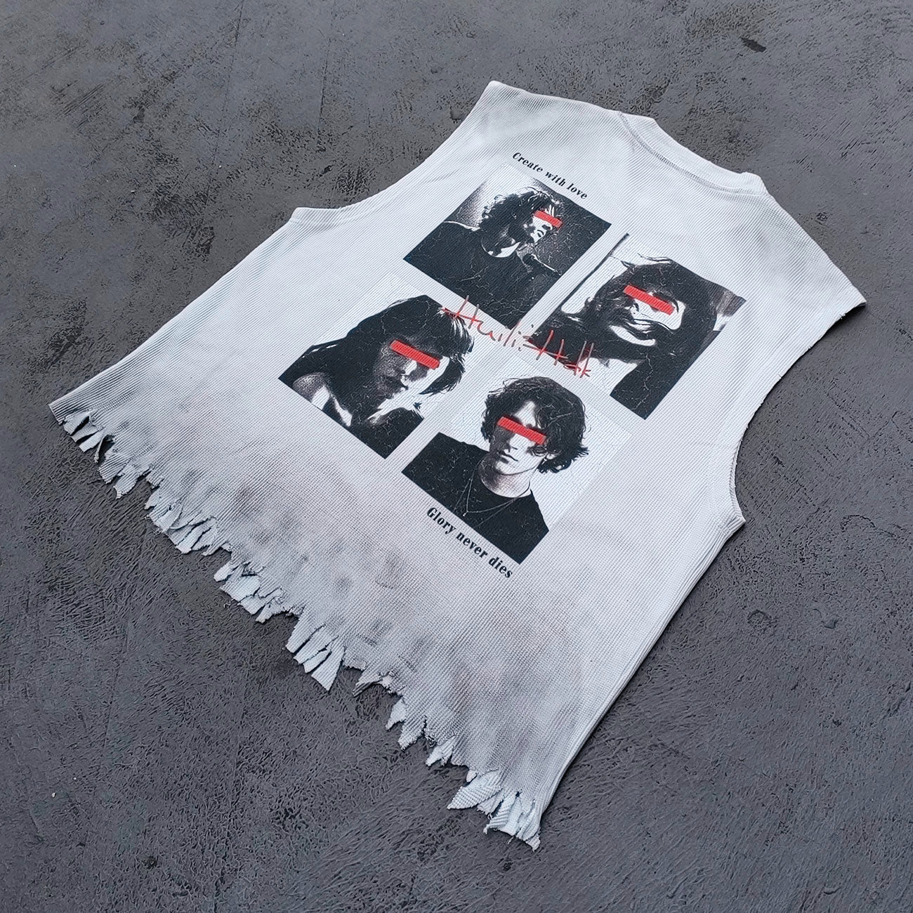Sleeveless Tee - White Waffle Knit HUILI HDK No Guts No Glory Rock Print Fringe Hem Distressed Y2K Streetwear