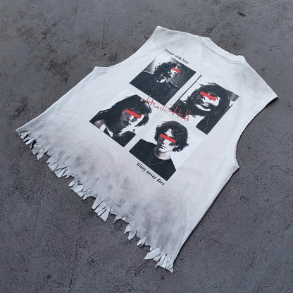 Sleeveless Tee - White Waffle Knit HUILI HDK No Guts No Glory Rock Print Fringe Hem Distressed Y2K Streetwear